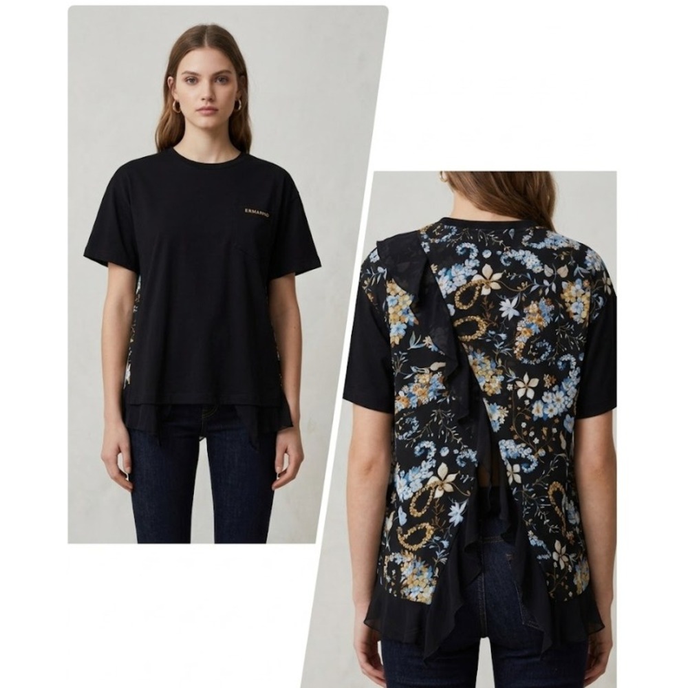Ermanno Firenze T-Shirt size IT 42 or US 6 Black Floral Mixed Media Ruffle Back